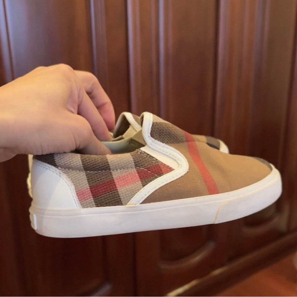 Stylish Tan Plaid Kids Slip-On Sneakers